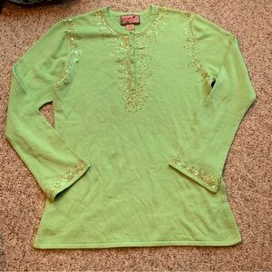 APRIL CORNEL Vintage Green Long Sleeve Shirt with beading Size XS: CottageCore
